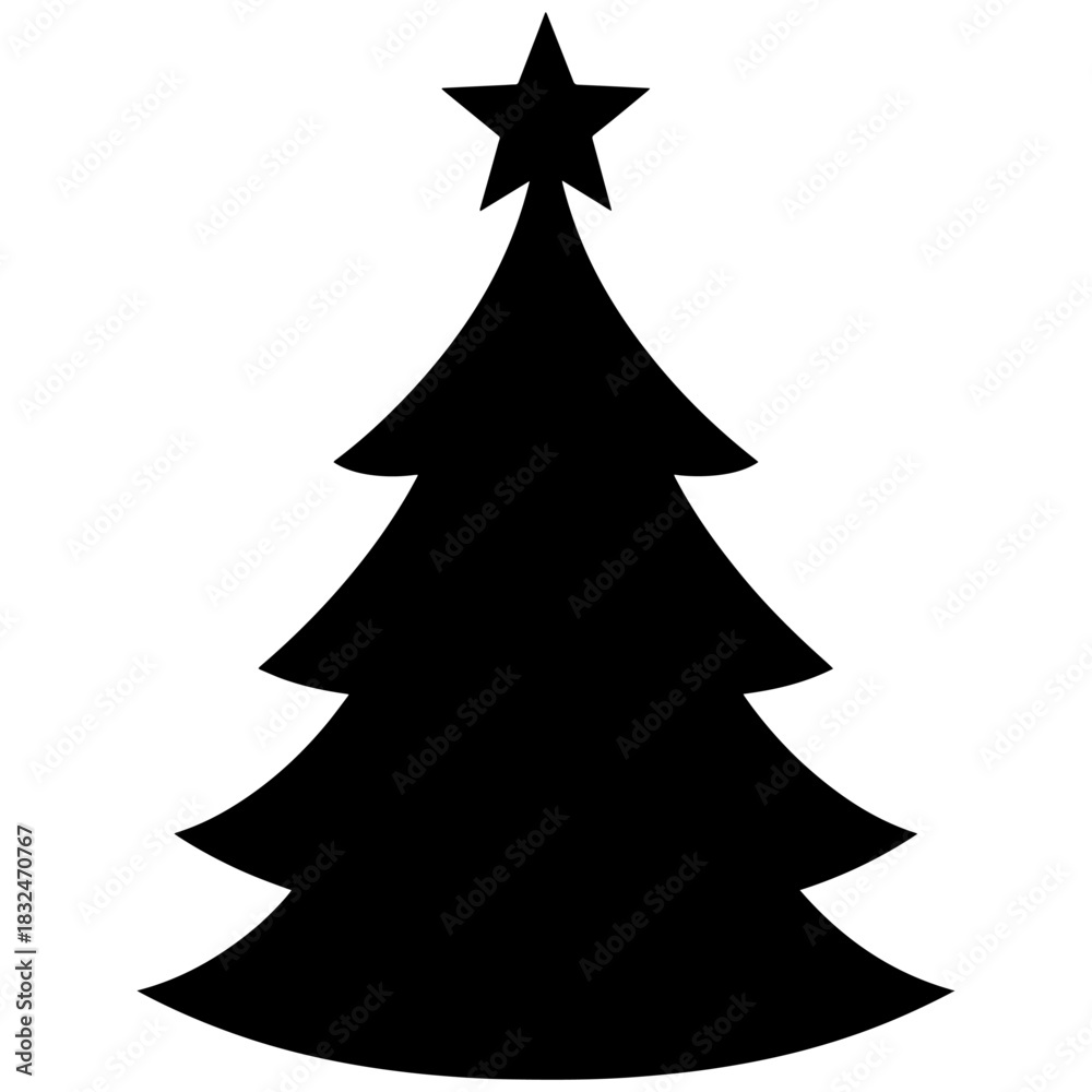 Obraz premium Black Christmas Tree Silhouette with Star Topper Vector Icon, Minimalist Holiday Pine Tree Symbol or Graphic Design Element, Christmas cards, website banners, mobile apps, and any marketing material