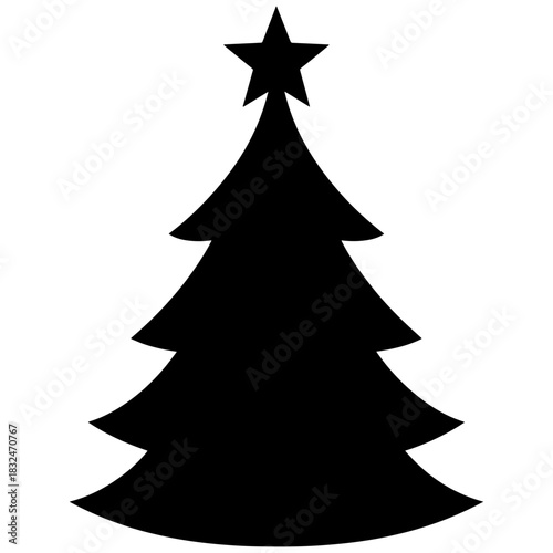 Black Christmas Tree Silhouette with Star Topper Vector Icon, Minimalist Holiday Pine Tree Symbol or Graphic Design Element, Christmas cards, website banners, mobile apps, and any marketing material