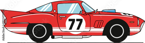 Vintage Red Race Car with Number 77, Side Profile Illustration