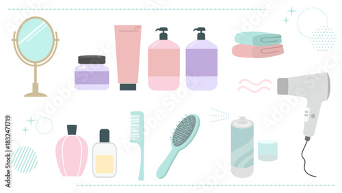 ヘアケアグッズのイラスト素材セット／卓上ミラー・シャンプー・ドライヤーなど