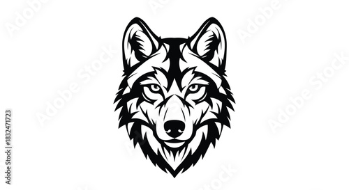 Striking black and white illustration of a wolfs head, featuring intricate details and a fierce expression, perfect for logos, mascots, or wildlife themes