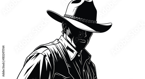 A black and white illustration of a cowboy wearing a hat, with his face obscured by shadow, creating a mysterious and rugged western aesthetic