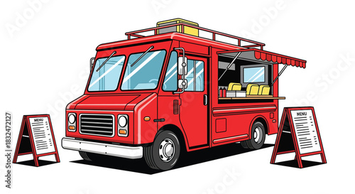 A vibrant red food truck, ready to serve delicious street food, with two menu boards standing beside it