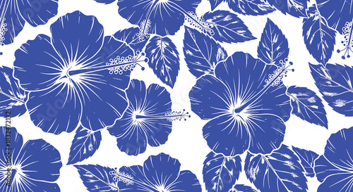 Seamless pattern with vibrant blue hibiscus flowers and lush green leaves, creating a tropical and exotic floral design