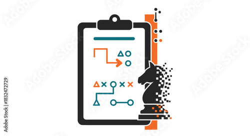 Stylized illustration of a clipboard with strategic planning diagrams next to a dissolving chess knight piece, isolated on