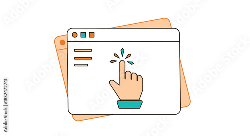 Minimalist vector graphic showing a hand cursor clicking a web browser window element, isolated on