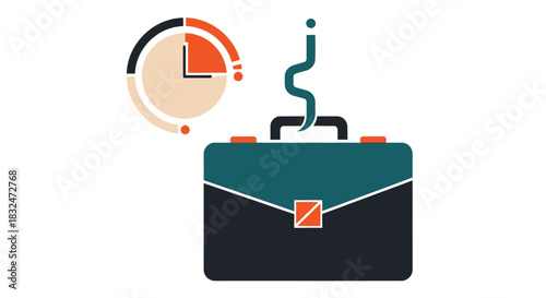 Conceptual flat design of a business satchel connected to a dynamic time gauge, representing workflow monitoring and time constraint adherence, isolated on