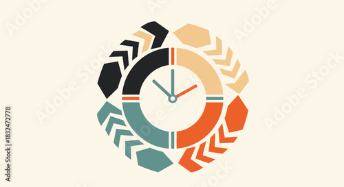 Abstract representation of time tracking with a segmented clock and directional arrows forming a geometric shape isolated on