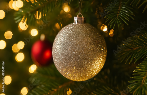 A glittering silver ornament hangs gracefully from a Christmas tree, surrounded by warm festive lights and hints of red.