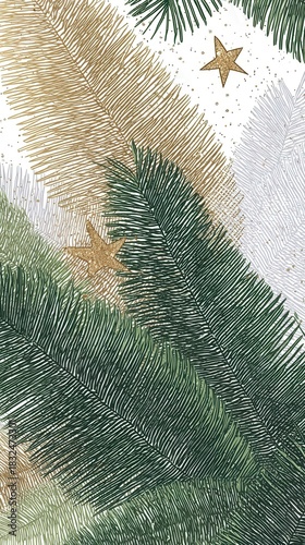 Minimalist seamless pattern with pine branches, golden stars, and hidden 2026 numbers in green, gold, and white for elegant holiday design.