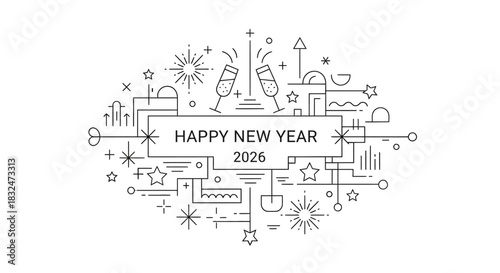 Monochrome Line Art 2026 New Year Flat Concept
