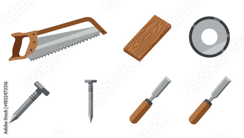 A collection of various carpentry tools, including a saw, wood, and other hardware.