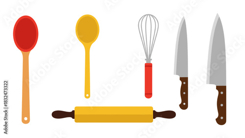 Illustration of kitchen utensils including a red spatula, yellow spoon, whisk, two knives, and a yellow rolling pin on a white background.