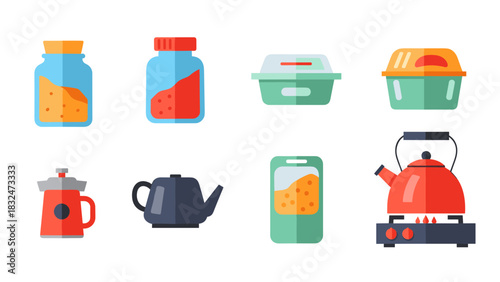 A collection of colorful flat design kitchenware icons, including jars, food containers, a teapot, and a kettle on a stove.