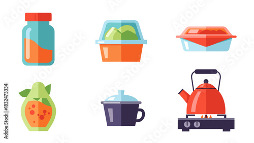A colorful collection of flat vector icons showing various kitchen and food items like a jar, containers, fruit, a pot, and a kettle.