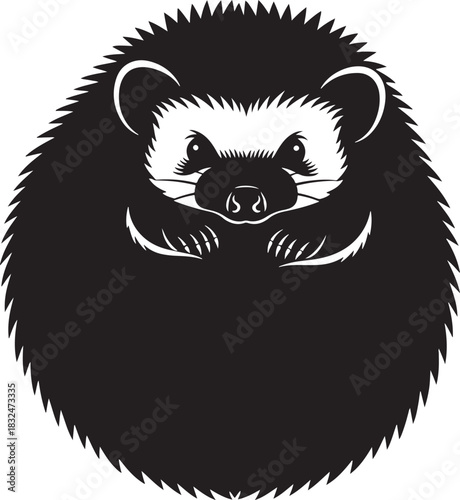 Stylized black and white hedgehog illustration, a cute friendly cartoon character with spiky quills, ideal for children's books, logos, or nature project designs.