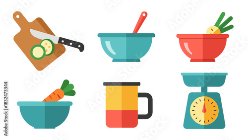 A flat-style illustration featuring various kitchen tools and ingredients, ready for cooking and preparation.