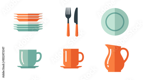 A collection of various kitchen and dining items including plates, cutlery, cups, and a pitcher in a flat design style.