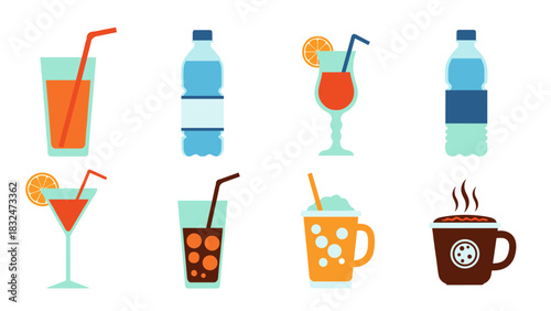 A collection of colorful flat design illustrations featuring various refreshing beverages including juices, water bottles, cocktails, soda, and coffee.