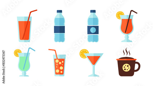 Collection of various refreshing beverages, including cocktails, water bottles, and hot drinks, presented in a flat design.