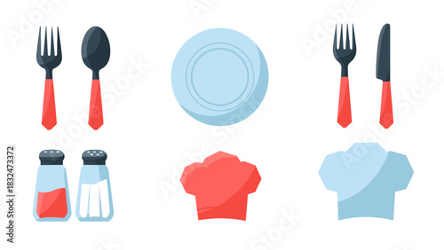 A collection of colorful cartoon icons for dining and cooking, including cutlery, a plate, and chef hats.