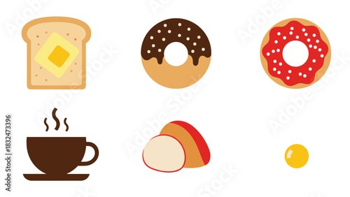 A collection of flat vector icons representing various breakfast foods like toast, donuts, coffee, cheese, and an egg.