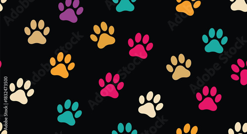 Vibrant seamless pattern of colorful animal paw prints in purple, green, orange, pink, and beige, scattered across a, ideal for petthemed designs