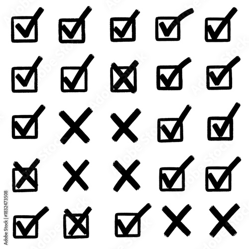 Sketch Style Tick Mark and X Symbol Collection Vector, Hand-Drawn Check Mark and Cross Icon Set with Grunge Texture, interface (UI) design, forms, surveys, testing, voting, or any project requiring.