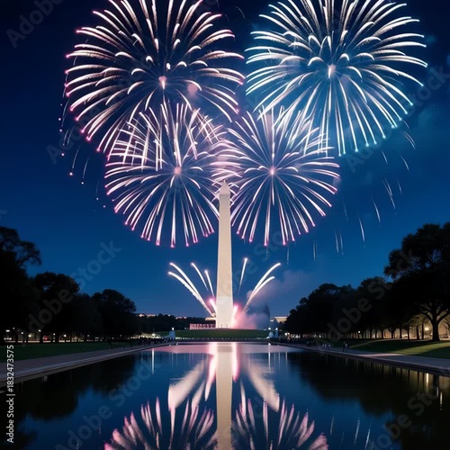 Magnificent fireworks explode above the Washington Monument, reflected in the still waters of the Reflecting Pool on a clear night, symbolising celebration and patriotism