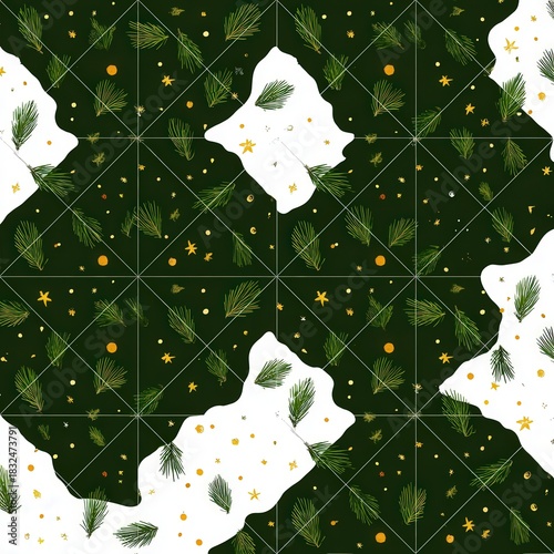 Minimalist seamless pattern with pine branches, golden stars, and hidden 2026 numbers in green, gold, and white for elegant holiday design.