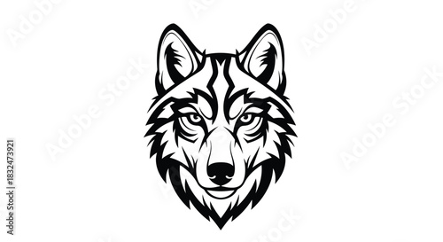 Black and white illustration of a fierce wolf head, featuring sharp eyes and detailed fur, symbolizing strength, wildness, and leadership