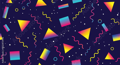 Vibrant retro 80s 90s style seamless pattern with colorful geometric shapes, triangles, squares, and wavy lines on a dark blue background, evoking a nostalgic and playful aesthetic