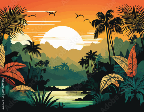 Tropical jungle landscape with palm trees, a serene river, and a vibrant sunset behind distant mountains.