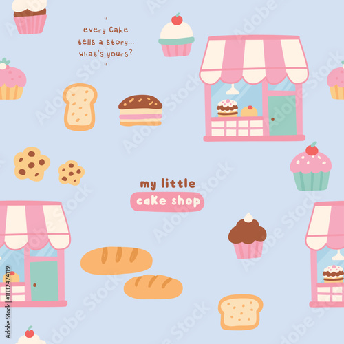 Cute Kids Cupcake Shop Seamless Pattern Illustration Set 
