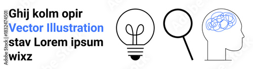 Innovation, problem-solving, creativity, brain function, analysis, research. Light bulb, magnifying glass and brain drawing. Innovation and problem-solving concepts in minimal design