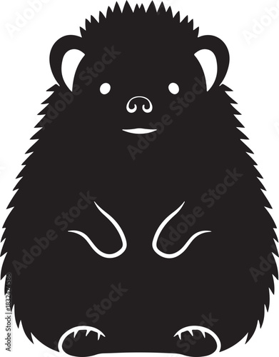 Stylized black silhouette illustration of a friendly hedgehog mascot sitting, with visible eyes, nose, and mouth, isolated on clean background, perfect for design projects.