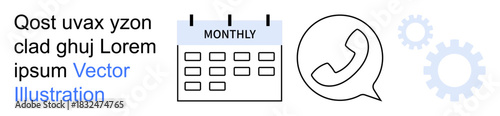 Scheduling, communication, task management, workflow planning, time management, organization. Monthly calendar, phone call icon and gear wheels. Scheduling and communication concept