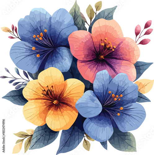 Seamless floral vector pattern featuring pink hibiscus blossoms and pansy petals on blue and white backgrounds for spring nature wallpaper art