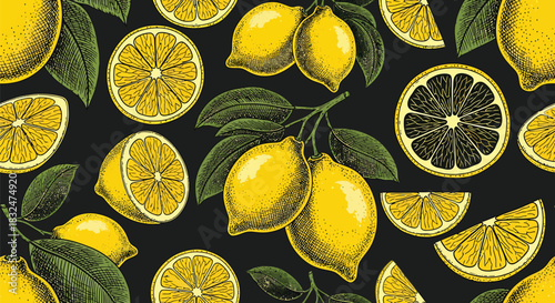 Vibrant seamless pattern of handdrawn lemons, whole fruits, slices, and halves with green leaves, depicted in a detailed vintage engraving style on a dark background