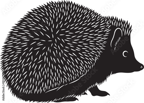 Black stylized vector illustration of a hedgehog in profile, featuring its distinct spiky quills, isolated on a pristine background. perfect for nature, wildlife, and animal-themed designs.