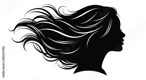 Elegant silhouette of a womans profile with long, flowing, wavy hair, symbolizing beauty, freedom, and movement