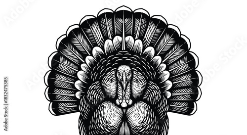 Detailed vintage engraving style illustration of a wild turkey with its magnificent tail feathers fanned out, presented in striking black and white