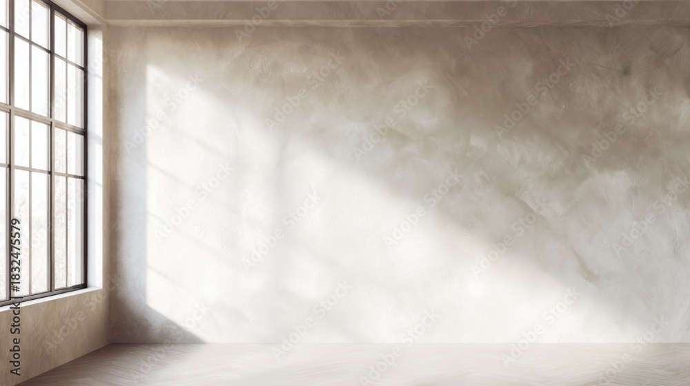 Fototapeta premium A bright, minimalistic interior space featuring textured walls and large windows allowing natural light to illuminate the room.