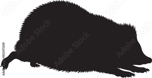 A striking, detailed black silhouette of a wild hedgehog, an insectivorous mammal known for its spines, captured in a dynamic pose, isolated for versatile design projects.