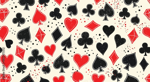 Handdrawn seamless pattern of playing card suits, featuring red hearts, diamonds, black clubs, and spades, playfully scattered on a light background with subtle speckles