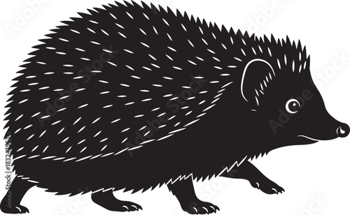 Stylized black hedgehog walking illustration. minimalist vector graphic with spiny quills, isolated profile view for nature, wildlife, animal design projects.