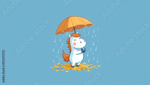 Adorable Pony Mascot Standing Under Rain Umbrella