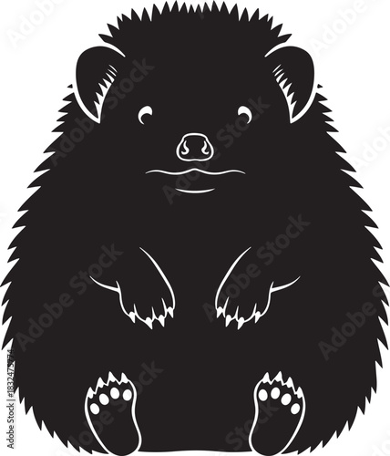 Stylized black hedgehog icon illustration, sitting frontal with detailed facial features and textured fur, charming vector graphic isolated on a crisp white background.