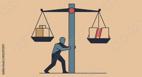 A person pushes a central pillar to maintain balance on a scale, comparing a small package against a package marked with a prominent red n