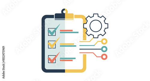 Checklist with completed tasks and gear icon representing process automation, quality control, and system implementation isolated on